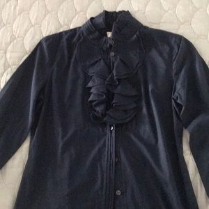 Navy blue Cotton ruffle button front blouse